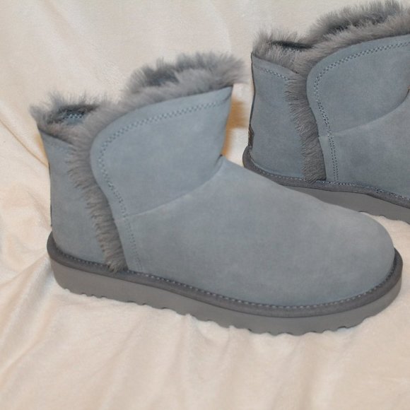 NIB UGG MINI FLUFF HI LOW SUEDE SHEARLING BOOTS GRAY - Picture 2 of 7